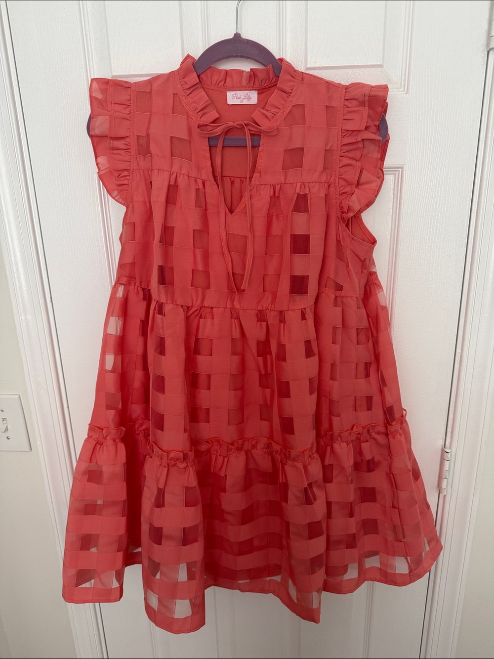 Pink Lily Coral Checkered Ruffle Tiered Dress